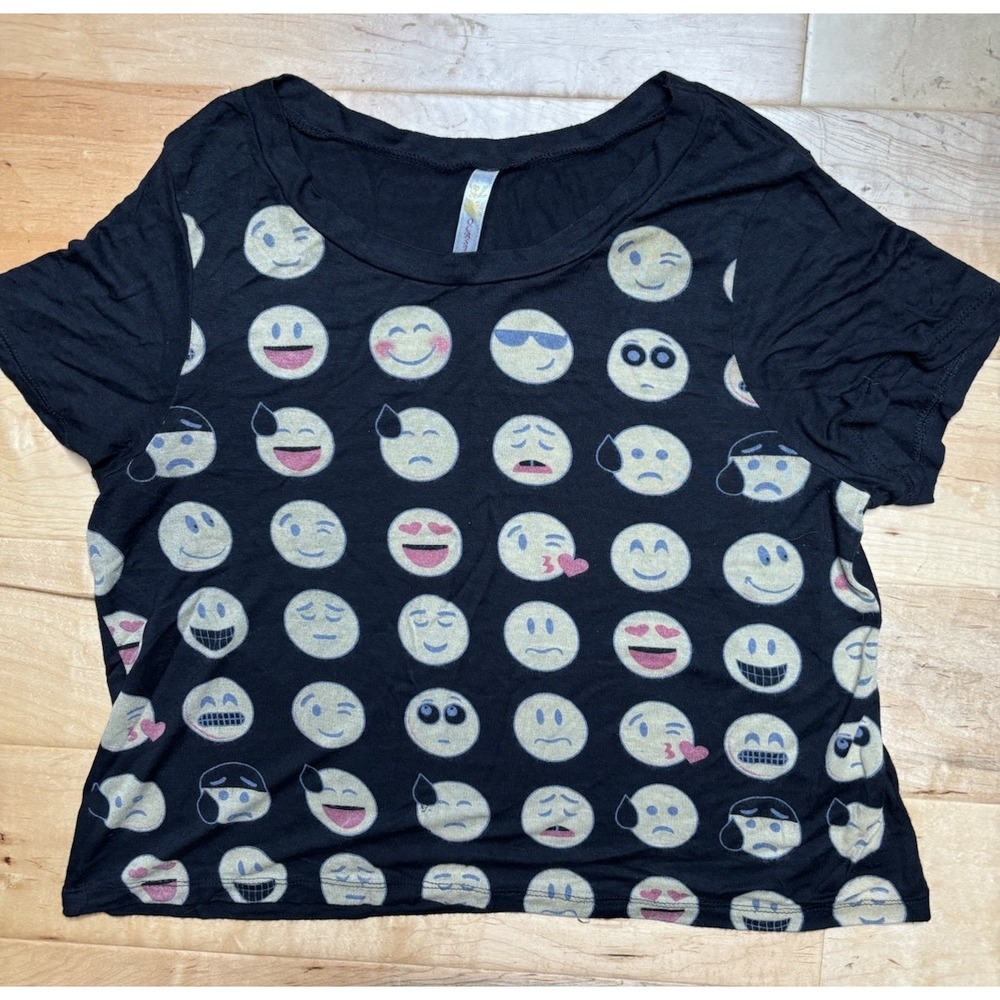 Emoji Print‎ T-Shirt Women S (Tag L) Black Short Sleeve Crop Top Stretchy